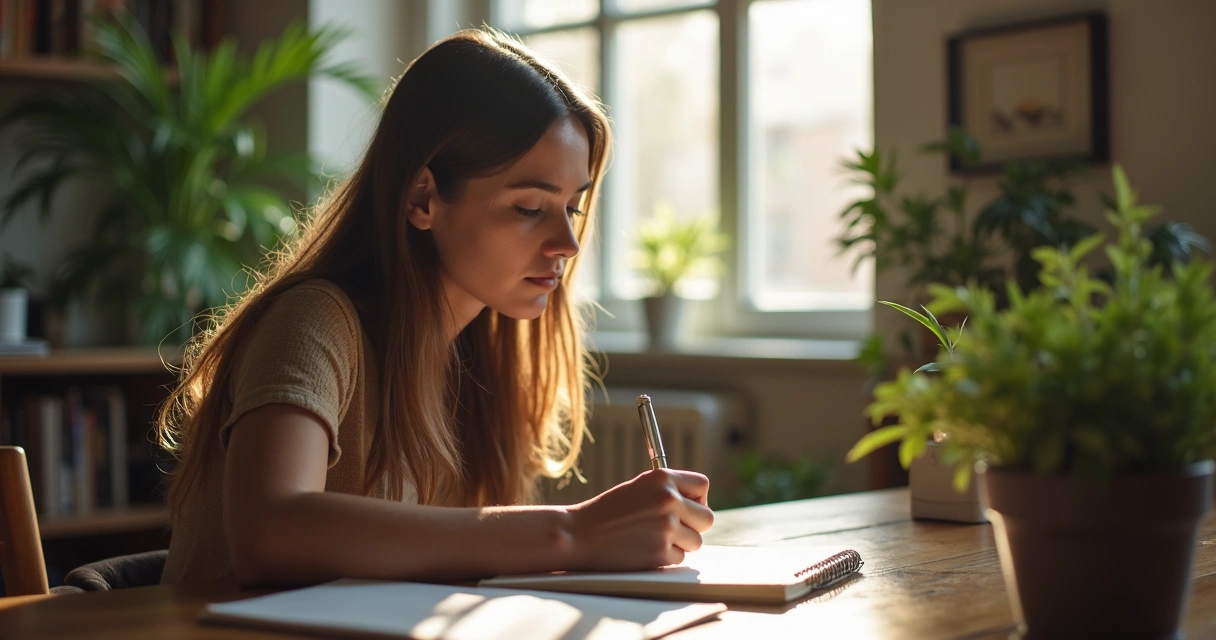 Pessoa refletindo sobre sentimentos em um caderno, à luz natural, ambiente tranquilo. 