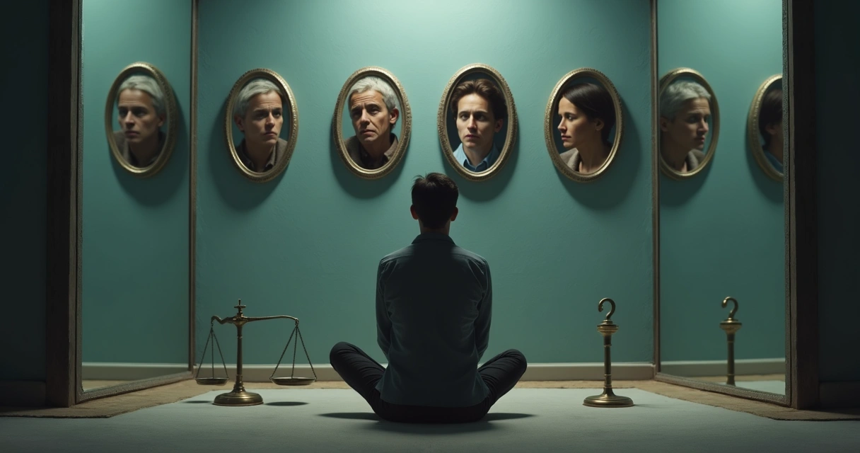 Pessoa sentada em reflexão diante de espelhos, simbolizando autoanálise antes de uma decisão difícil 