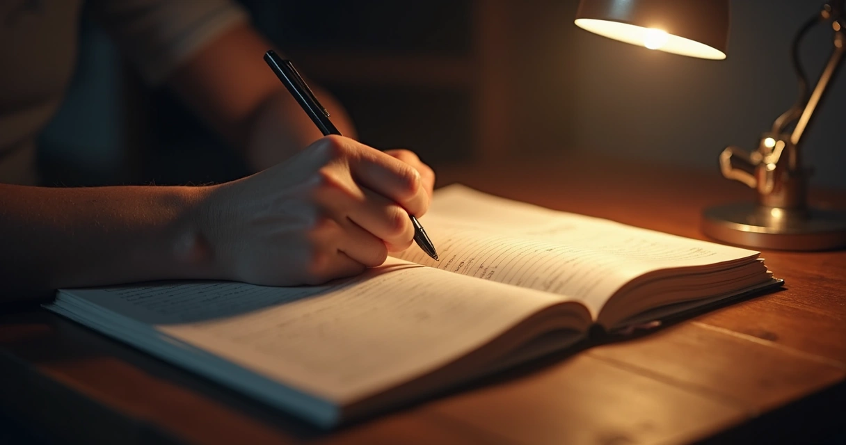 Pessoa escrevendo em diário em mesa de madeira com luminária ao fundo 