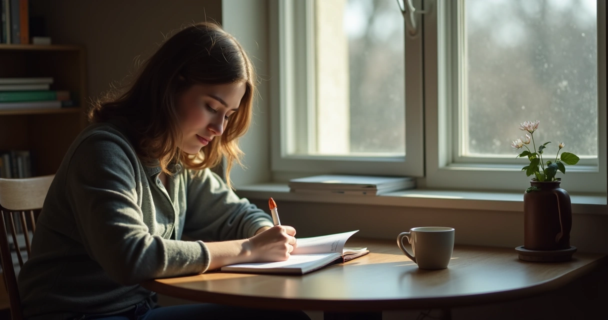 Pessoa escrevendo em diário sentada à mesa, com caneca e luz suave ao fundo