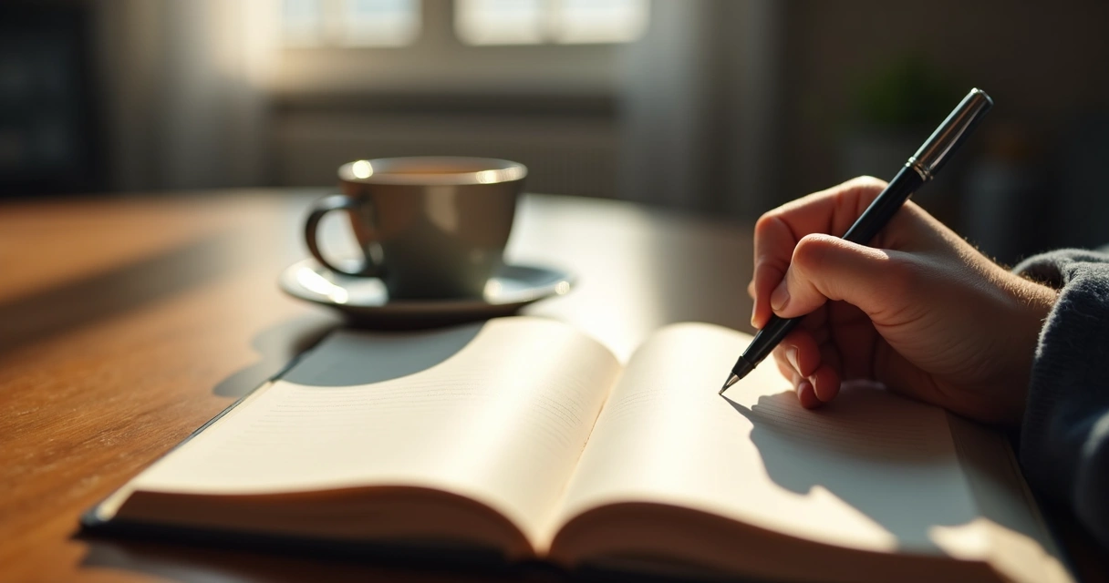 Pessoa escrevendo em diário de autoanálise 
