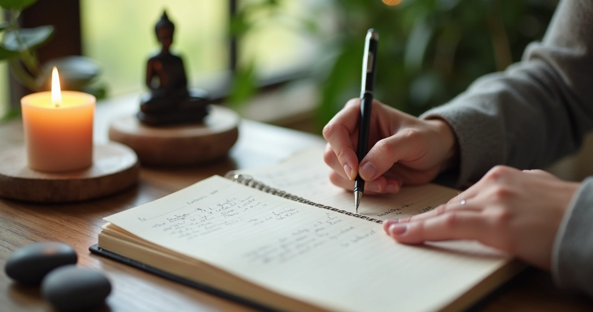 Pessoa escrevendo em diário com objetos de meditação. 