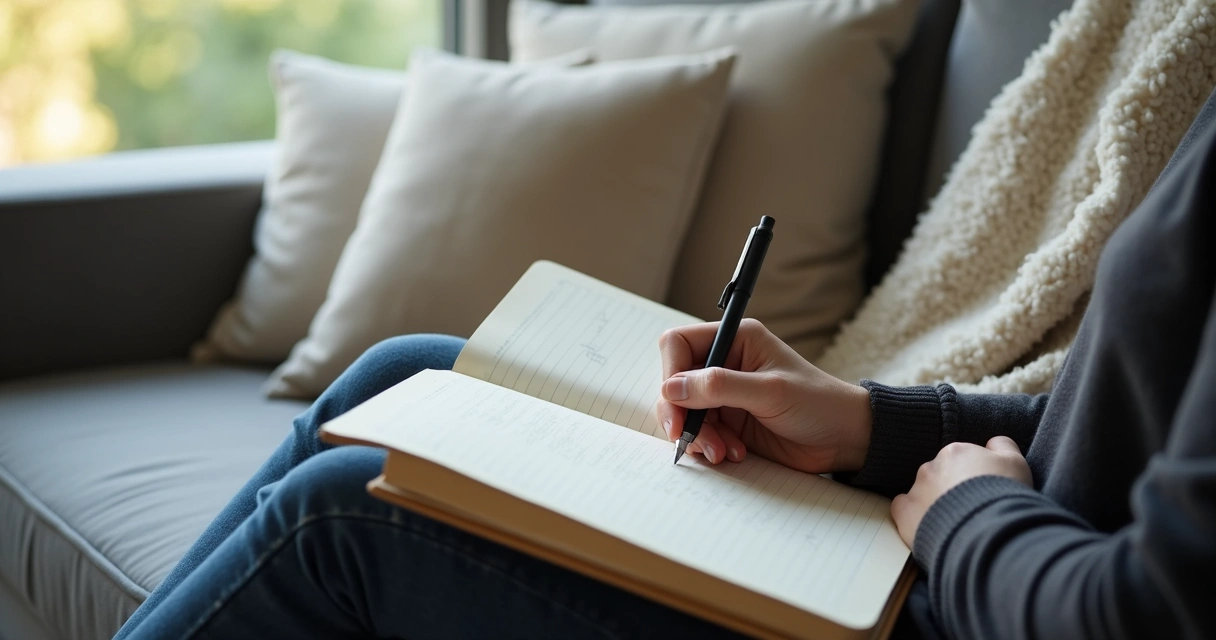 Pessoa escrevendo em diário pessoal sentado no sofá 