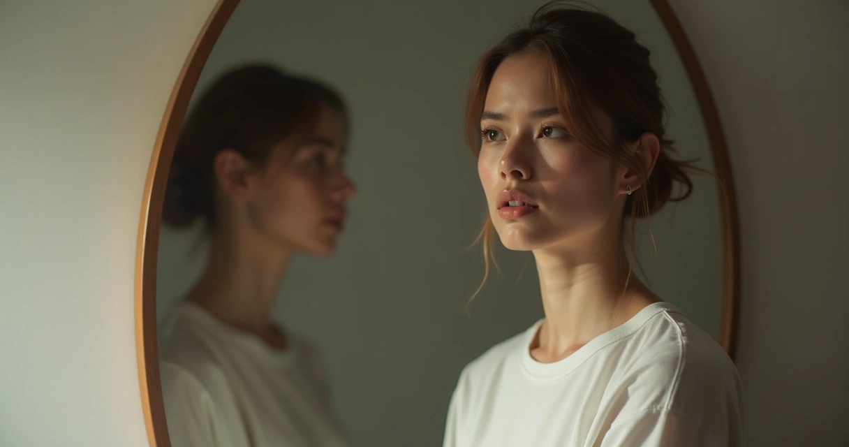 Pessoa olhando para um espelho com expressão reflexiva 