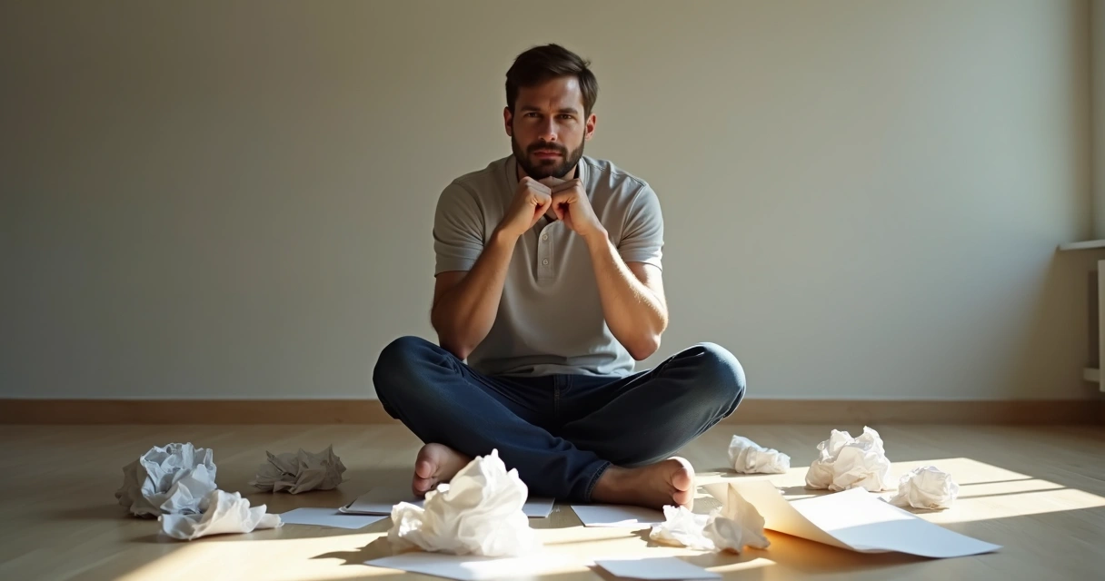 Homem sentado refletindo com folhas de papel amassadas ao redor 