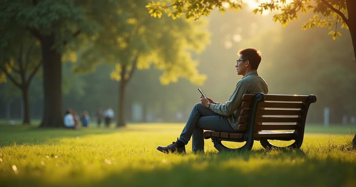 Pessoa sentada sozinha, olhando celular em momento de reflexão 