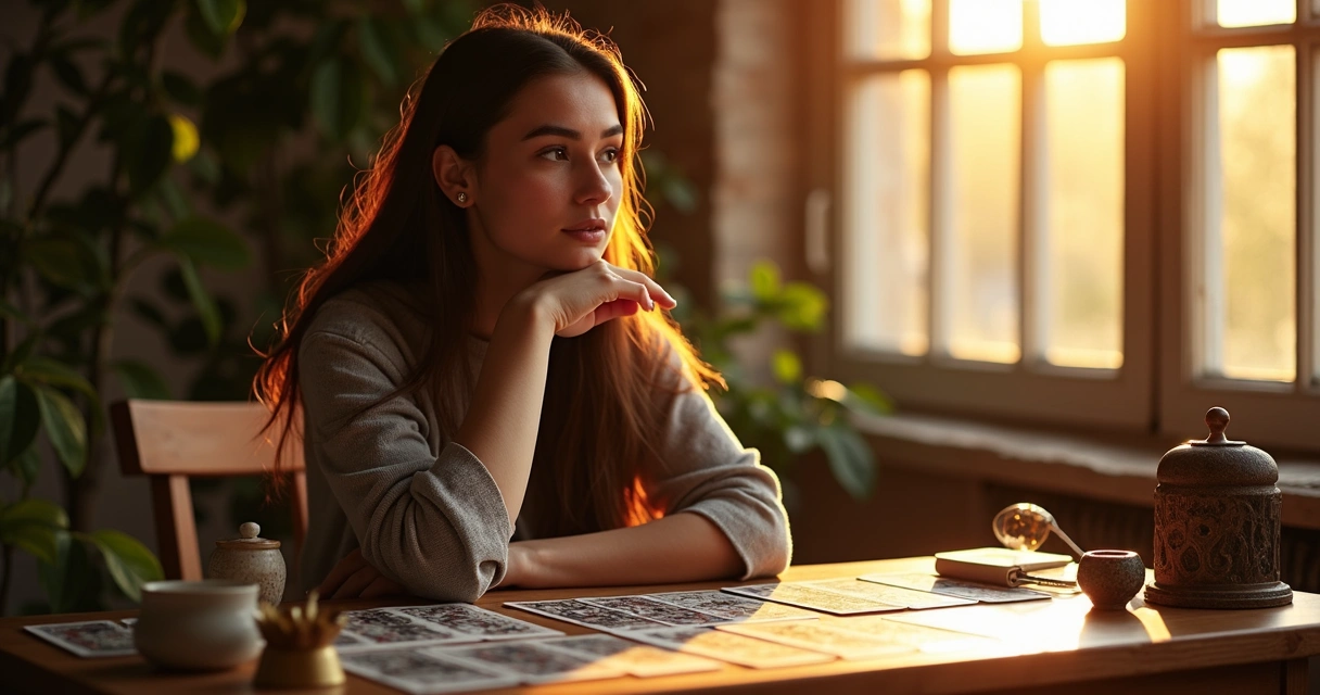 Jovem sentada à mesa com cartas de tarot, expressão reflexiva, luz suave ao entardecer. 