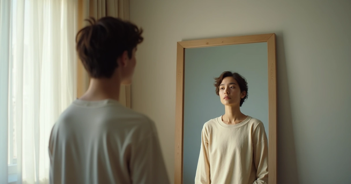 Pessoa olhando para si no espelho com expressão reflexiva 