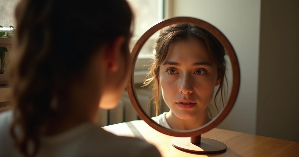 Pessoa refletida no espelho, observando a si mesma de perto 