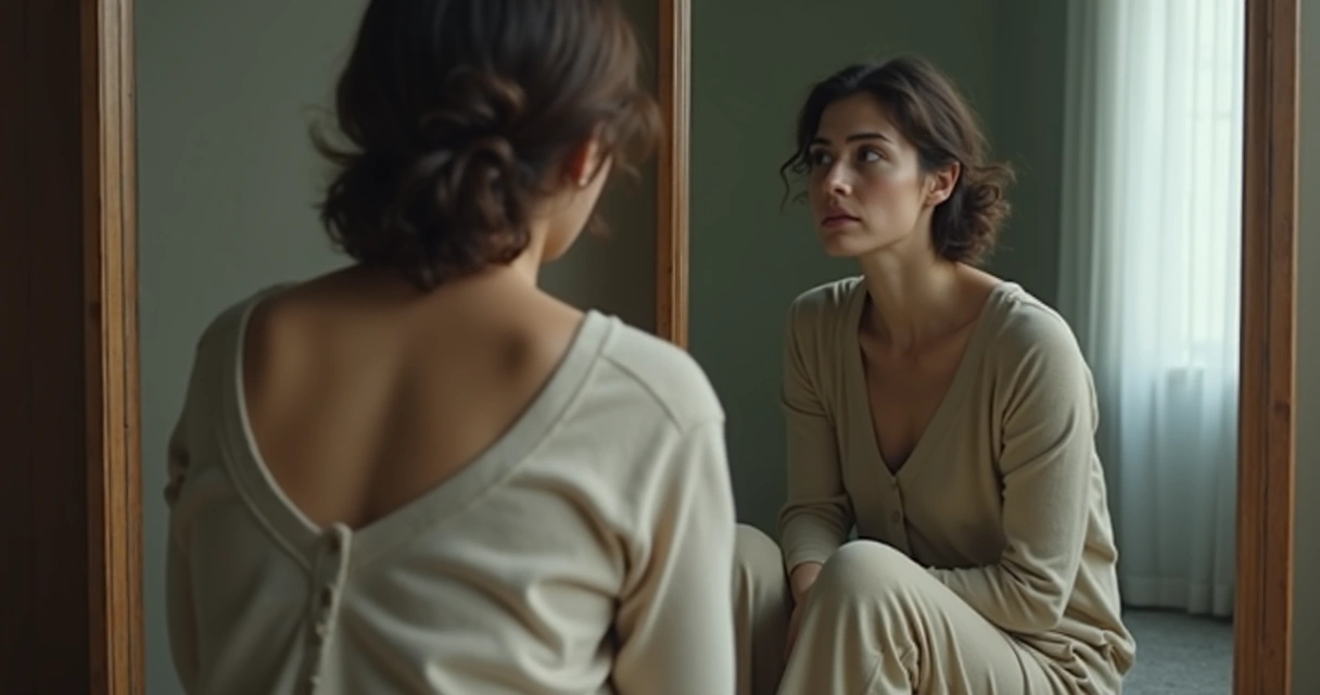 Pessoa olhando para o próprio reflexo em um espelho em ambiente neutro 