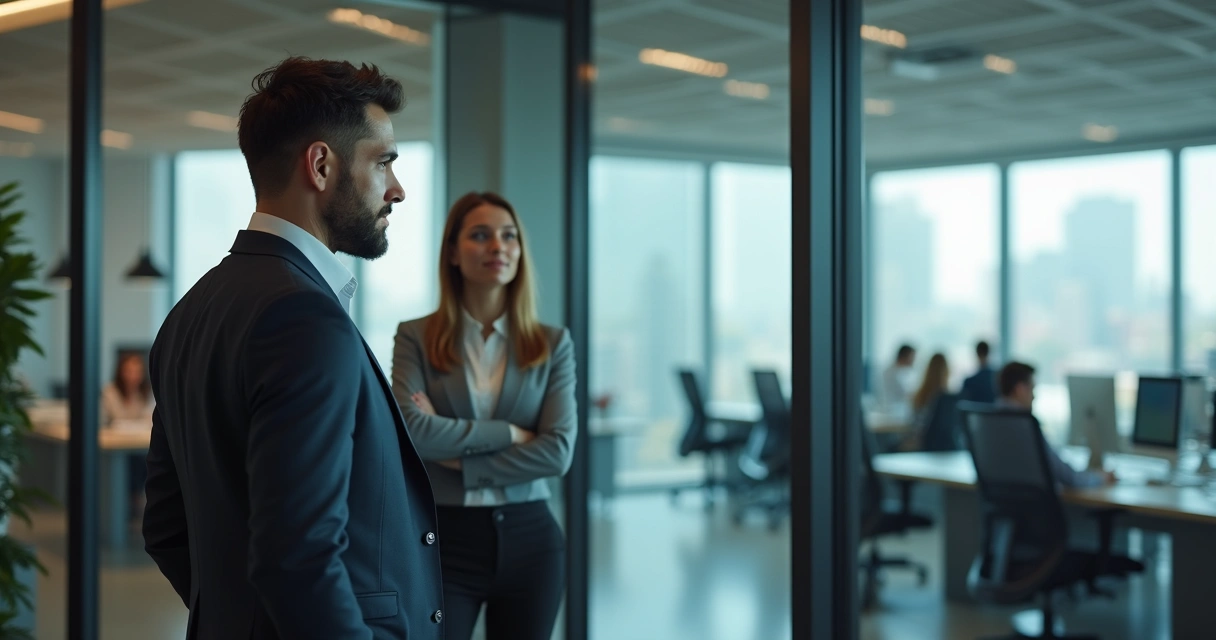 Pessoa olhando para si no espelho, ambiente de escritório moderno