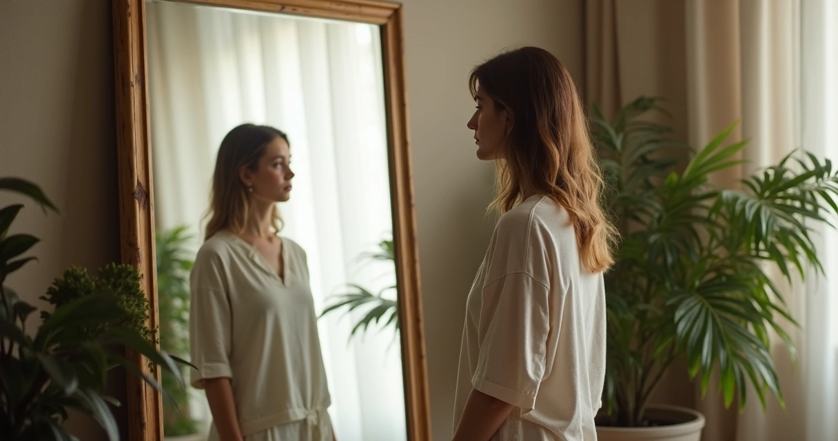 Pessoa olhando para o próprio reflexo em um espelho. 