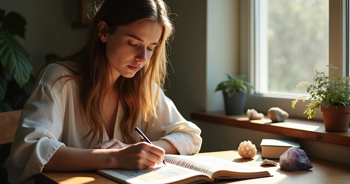 Pessoa escrevendo em diário em ambiente espiritual 