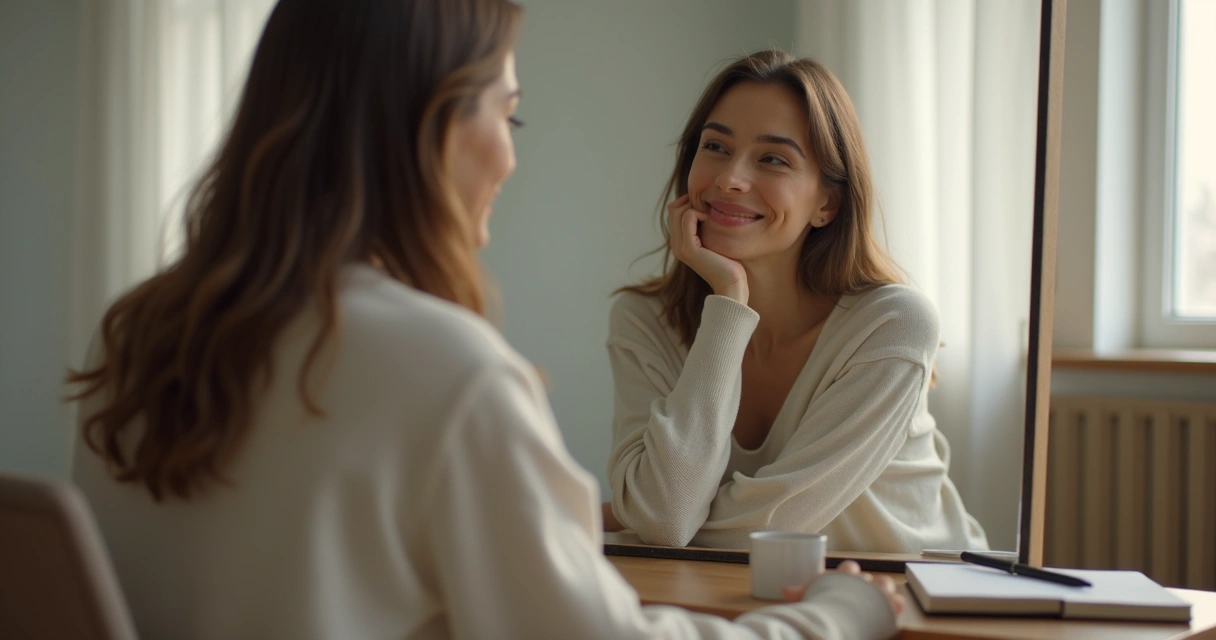 Pessoa refletindo frente ao espelho, expressão calma e atenta 