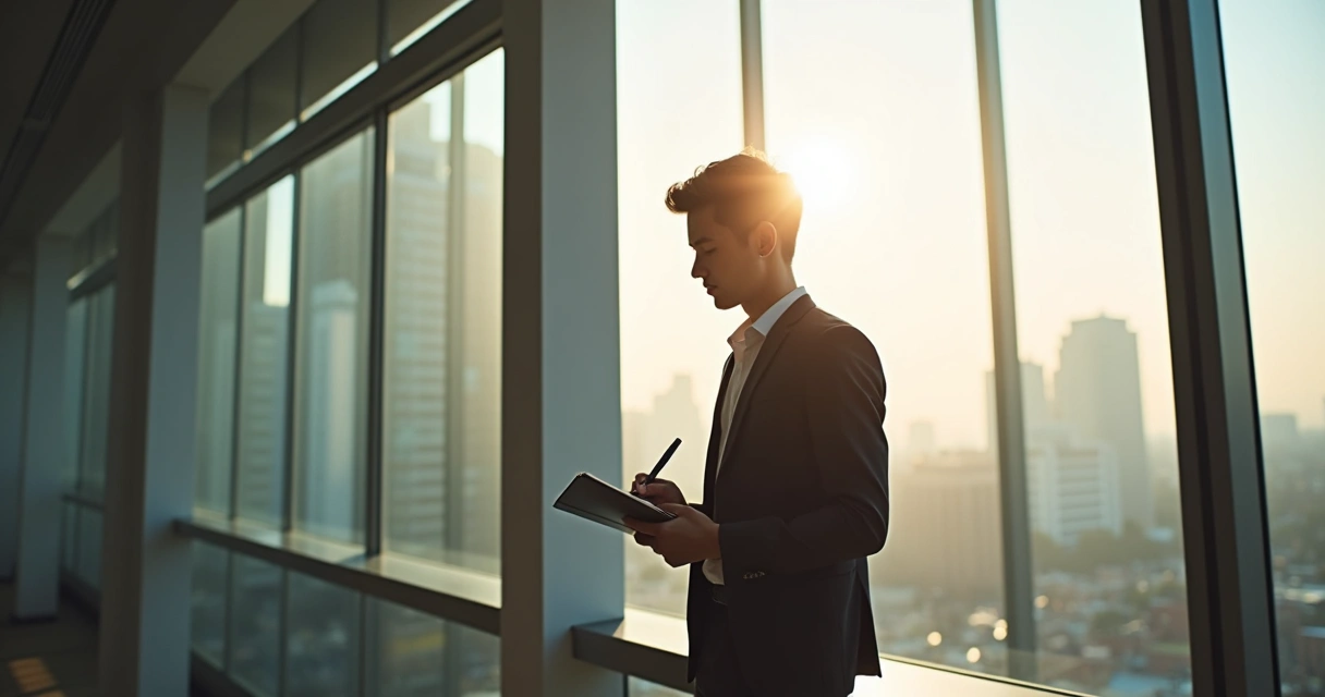 Homem jovem refletindo diante de janela em escritório, papel e caneta na mão 