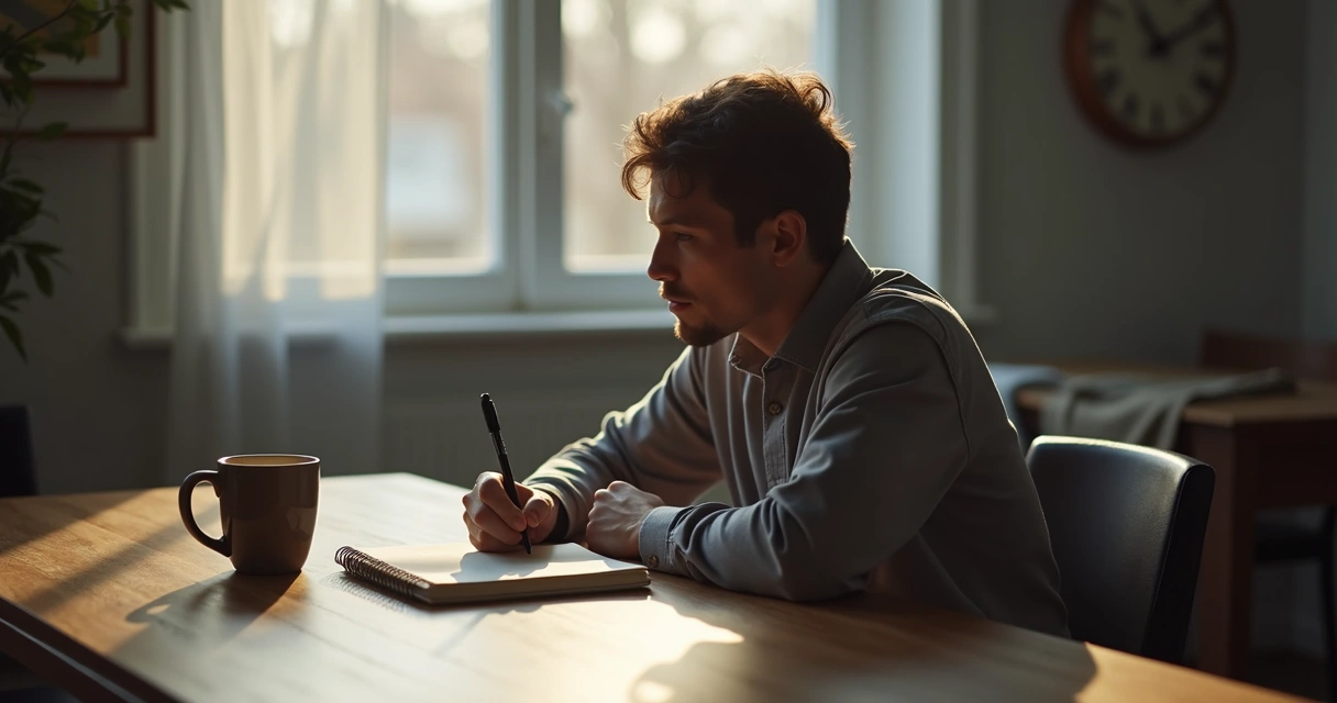 Pessoa sentada sozinha refletindo em um caderno, com caneca ao lado.