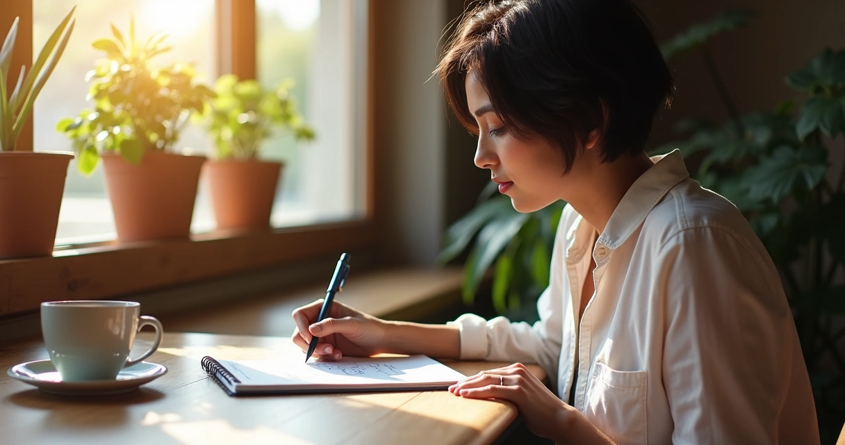 Pessoa escrevendo perguntas em caderno, refletindo sobre decisões 