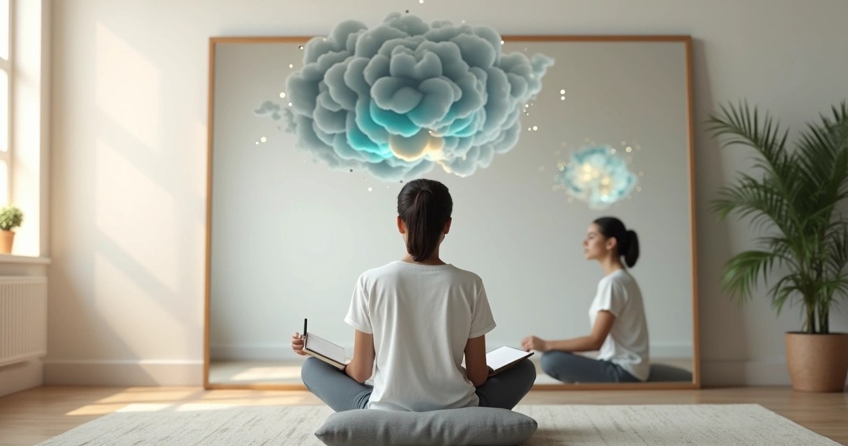 Pessoa meditando em frente a espelho com fluxos de pensamento organizados 