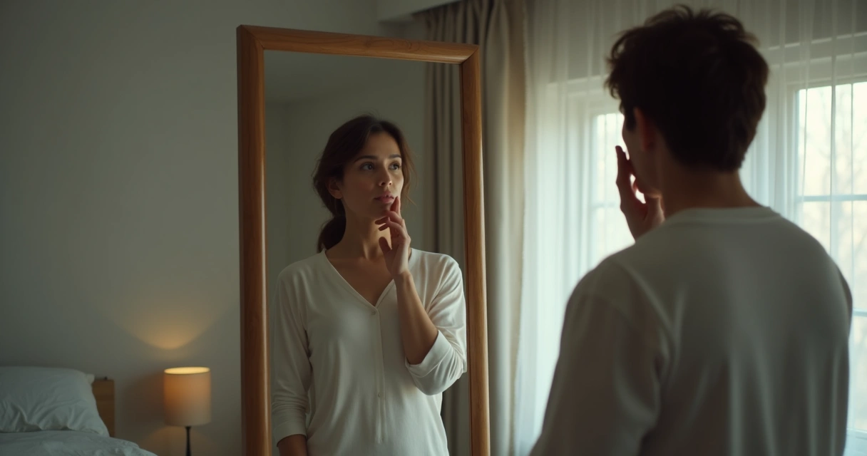 Pessoa olhando para si em um espelho refletindo sobre emoções 