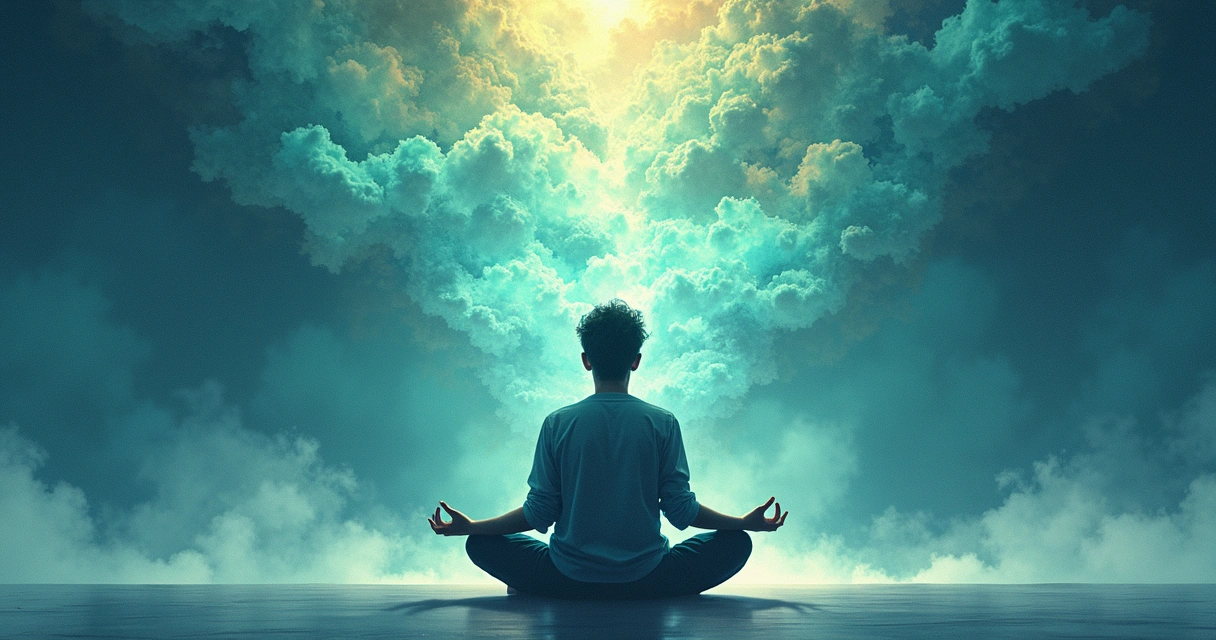 Pessoa olhando para dentro de si com várias camadas reflexivas ao redor 