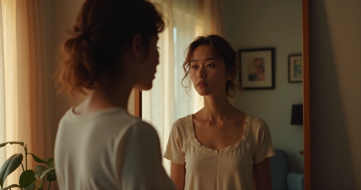 Pessoa analisando a si mesma em frente ao espelho, ambiente doméstico, olhar pensativo