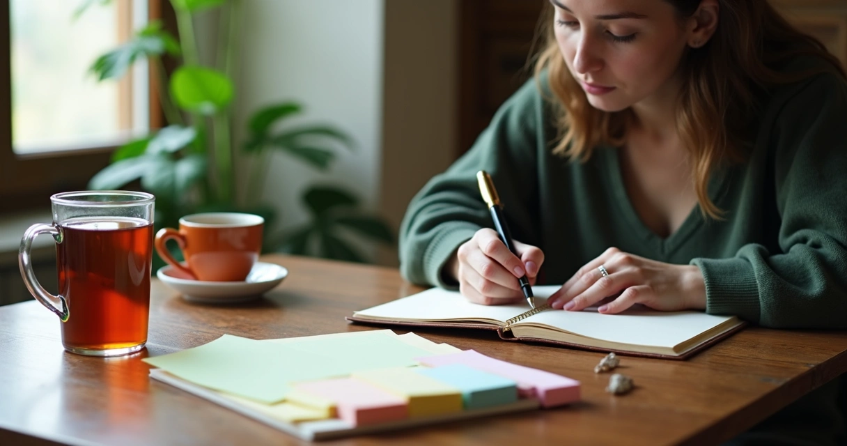 Pessoa sentada escrevendo respostas em um caderno sobre si mesma 