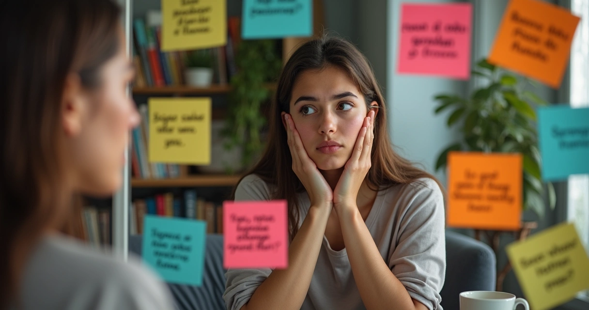 Pessoa refletindo diante do espelho, com expressão de dúvida, cercada de post-its com frases autoquestionadoras 