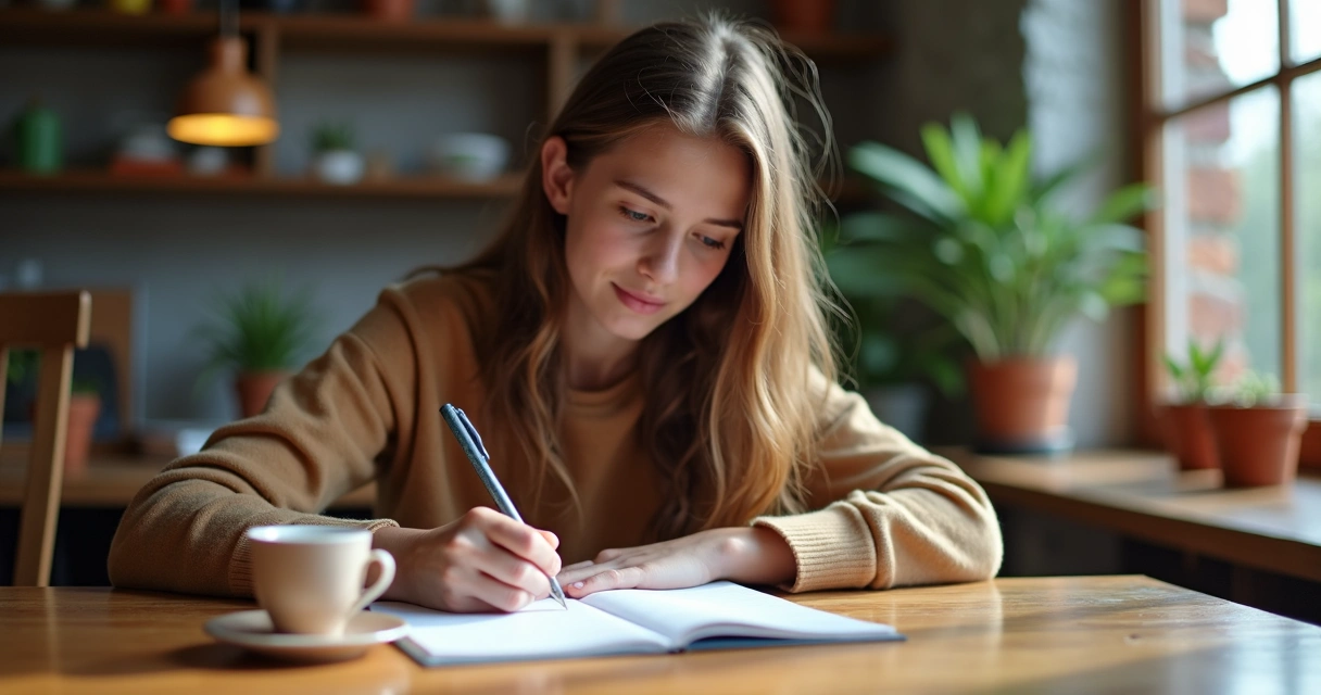 Jovem sentado à mesa escrevendo em diário, refletindo com papel e caneta 