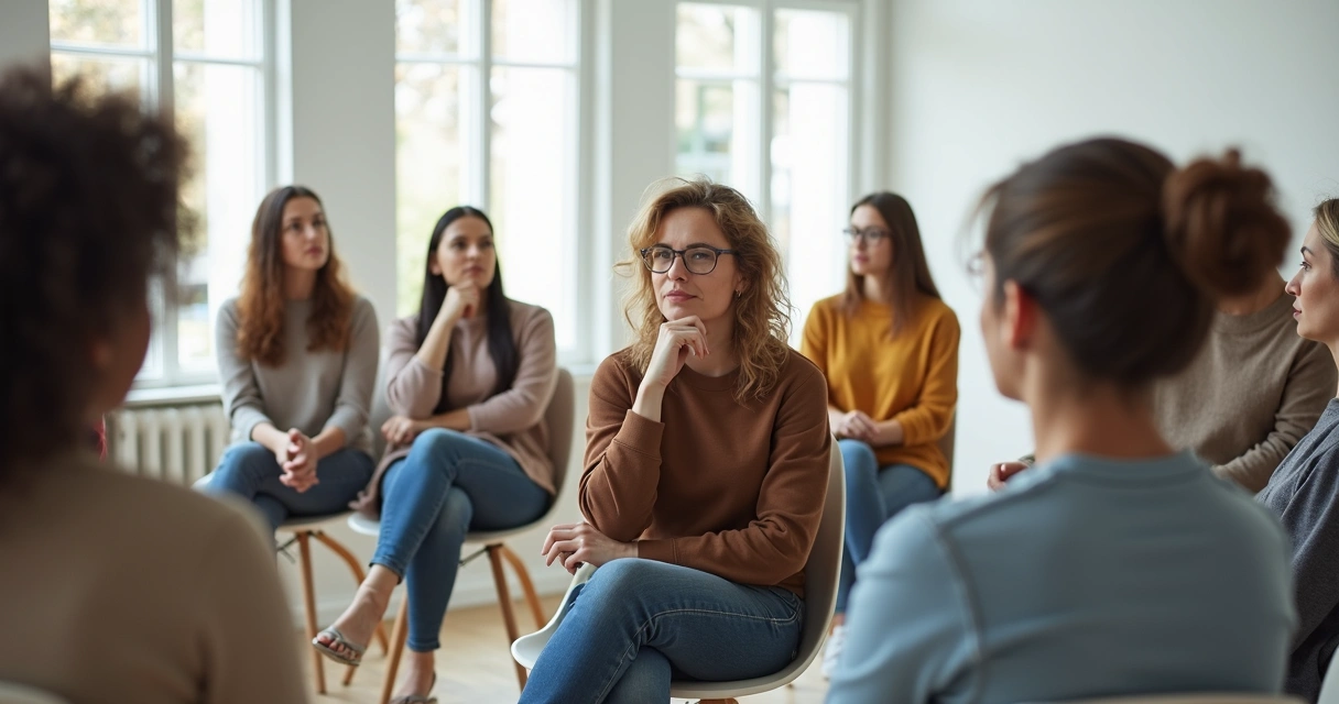 Grupo de pessoas em roda, cada um com expressão pensativa, sentado em cadeiras claras