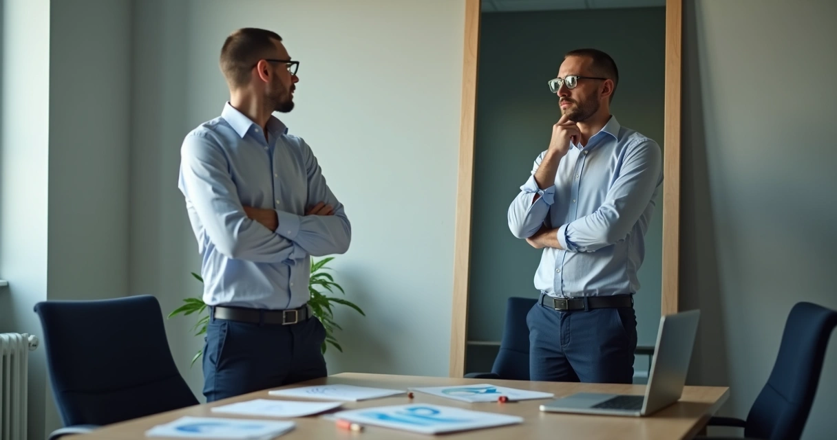Pessoa fazendo autoanálise diante de um espelho em ambiente corporativo
