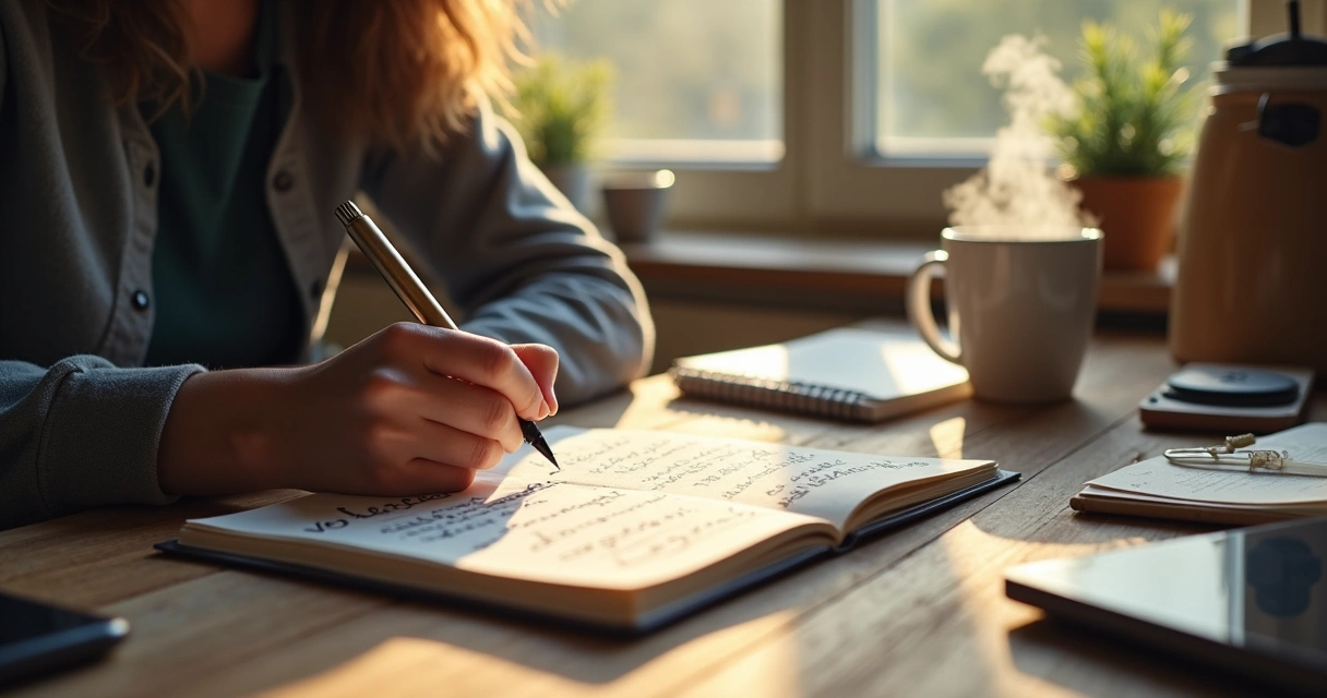 Pessoa refletindo sobre propósito, escrevendo em um caderno. 