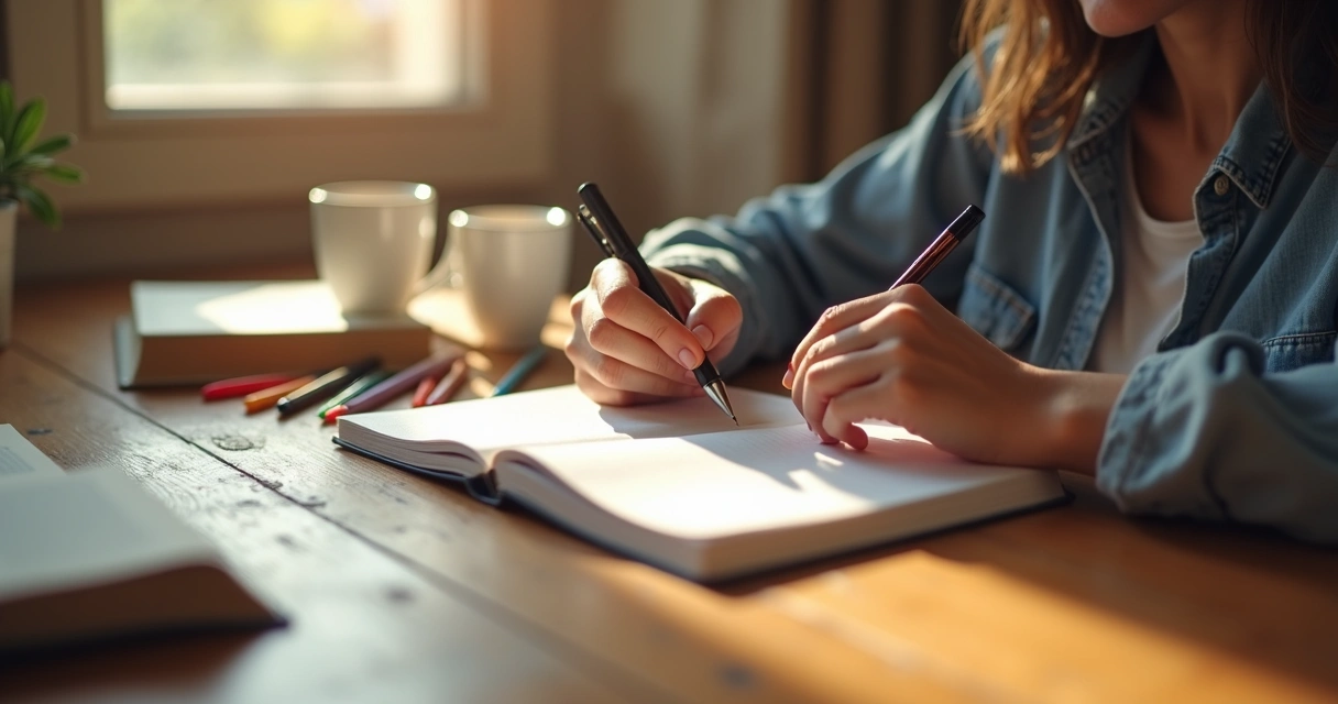 Pessoa escrevendo em caderno sobre emoções, sentada à mesa com luz suave