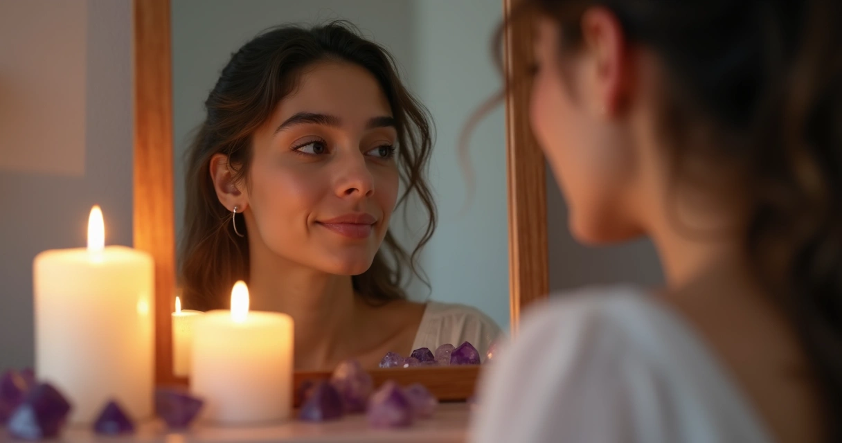 Pessoa olhando para espelho refletindo serenidade e autoconhecimento 