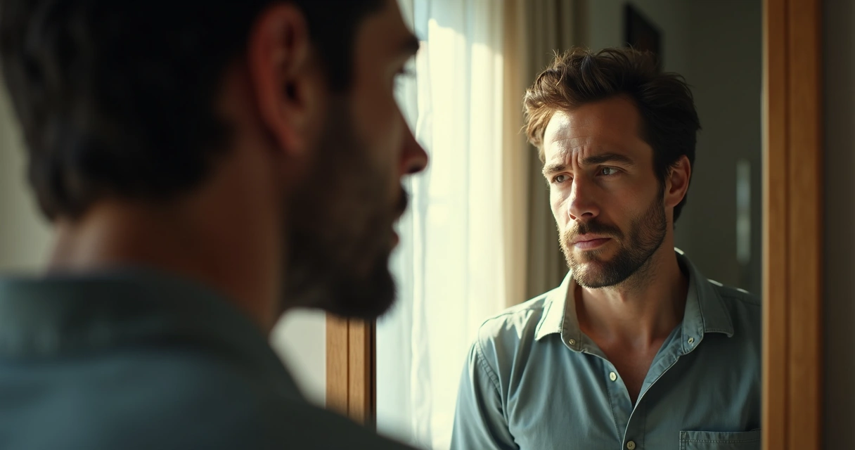 Homem olhando para o próprio reflexo no espelho