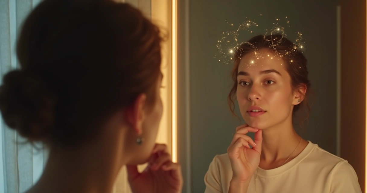 Pessoa olhando para o espelho com leve expressão pensativa 