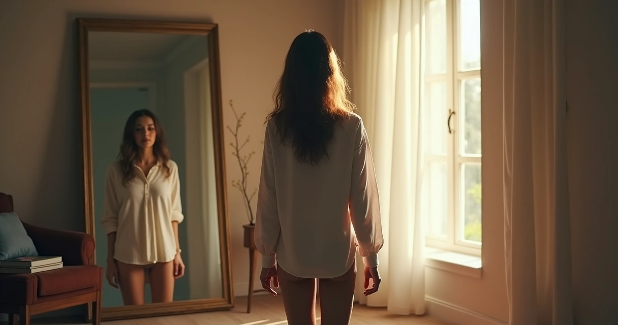 Pessoa olhando para o próprio reflexo em um espelho 