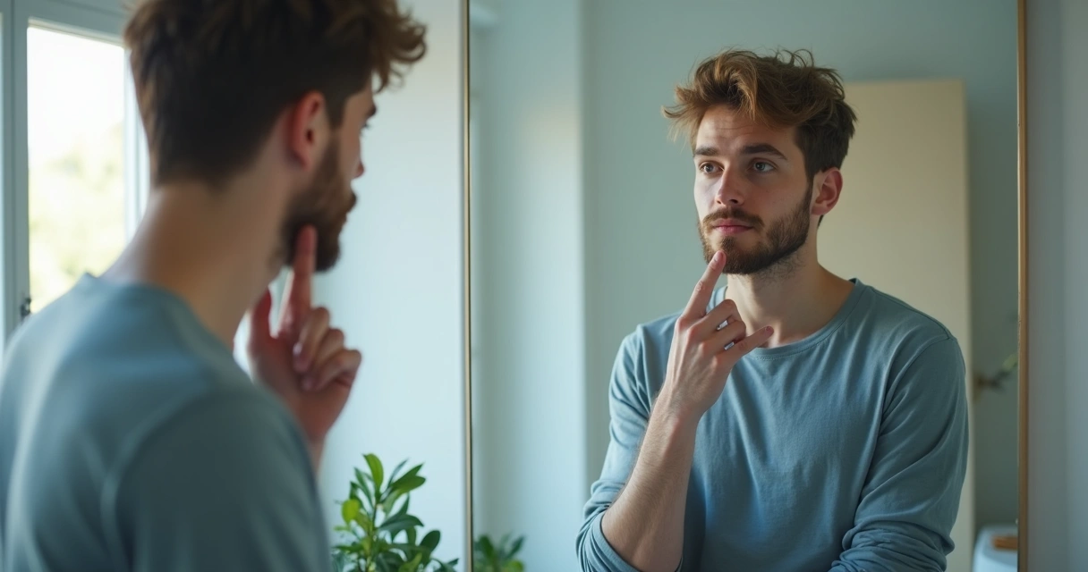 Jovem olhando para si mesmo no espelho, expressão pensativa