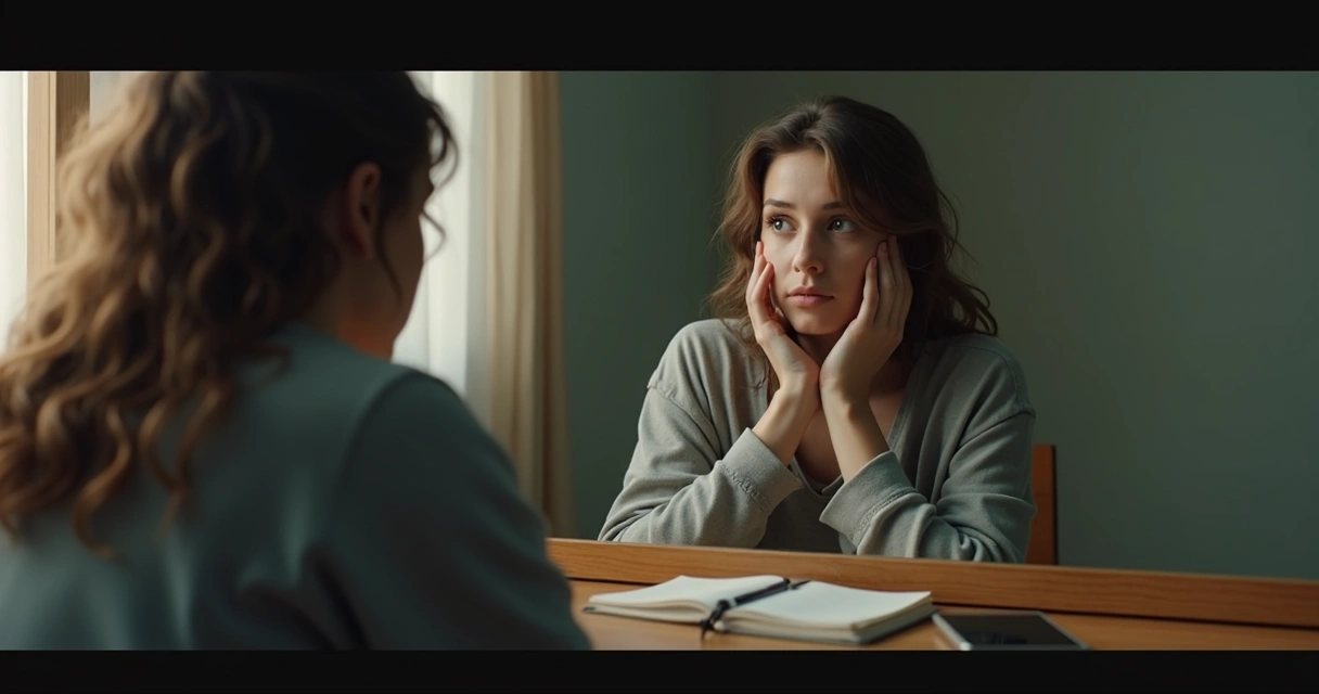 Pessoa sentada diante de um espelho, observando seu próprio reflexo com expressão pensativa.