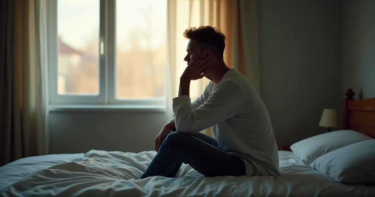 Pessoa sentada na cama olhando para a janela, mão no rosto, refletindo. 