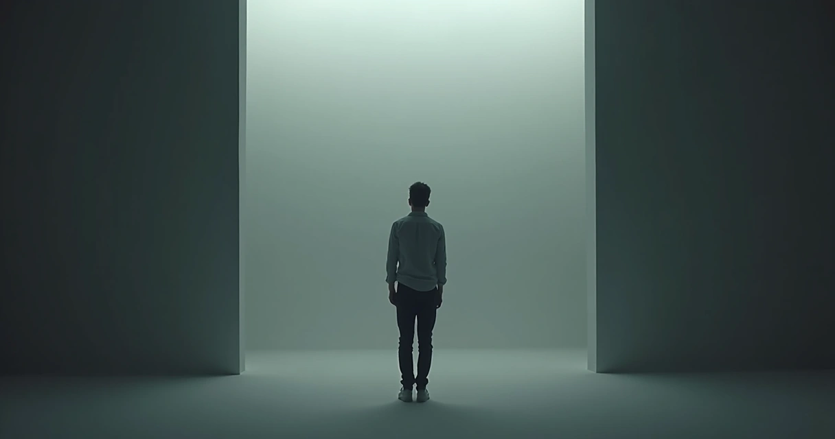 Pessoa olhando seu reflexo em um espelho grande, pensativa, com expressão de autoanálise. 