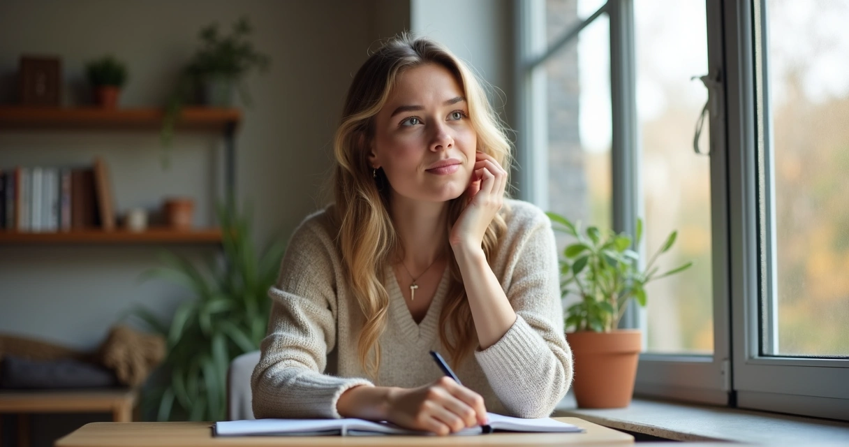 Pessoa analisando pensamentos mentais segurando caderno, tons suaves, ambiente iluminado por luz natural 