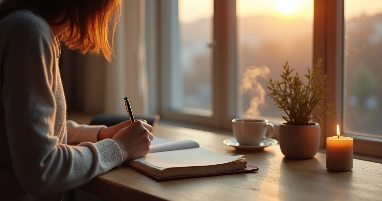 Persona tomando notas en un diario durante un momento de autoanálisis consciente 