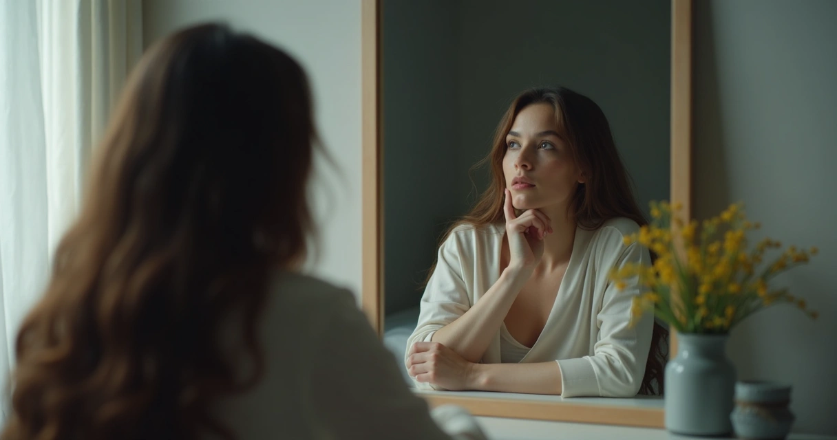 Persona pensativa frente a un espejo, analizando su reflejo