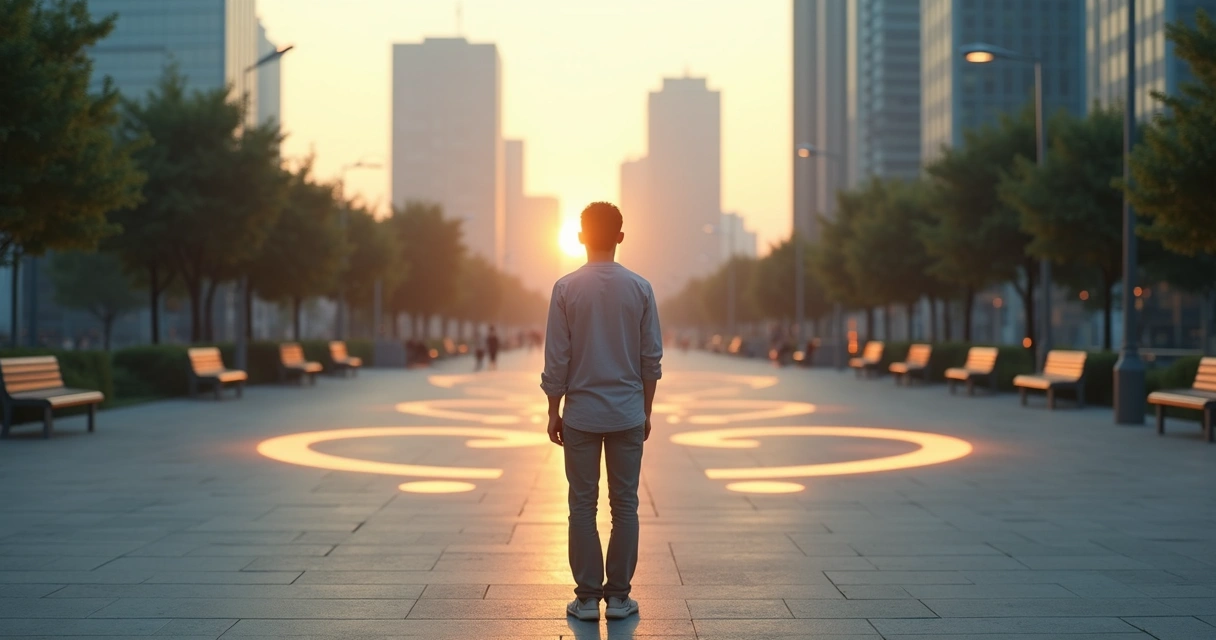 Persona reflexionando ante varias opciones de camino en un paisaje urbano 