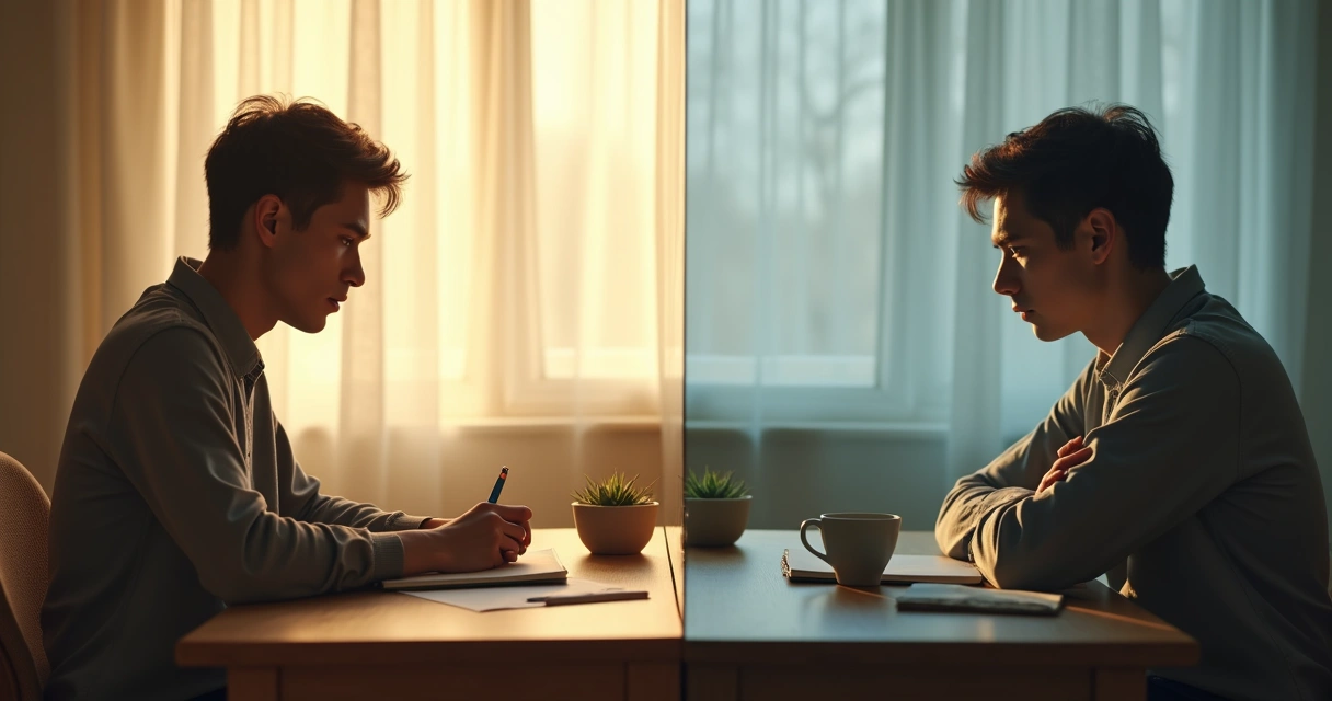 Persona reflexionando frente a su propio reflejo dividido entre calma y crítica 