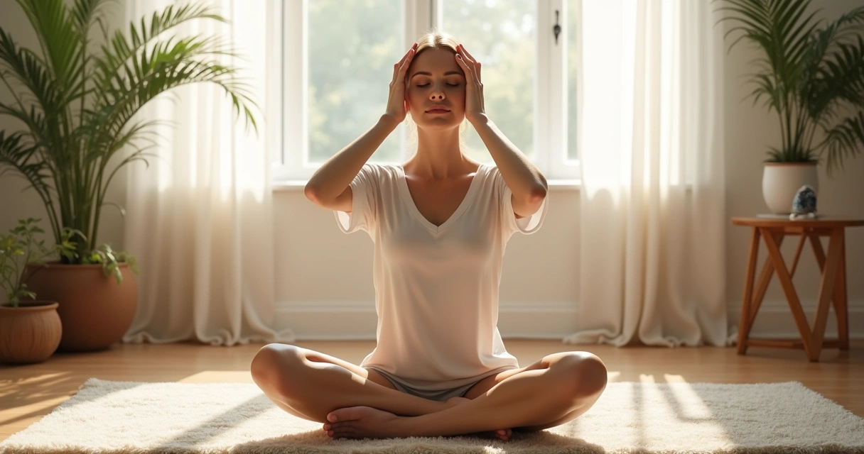 Pessoa sentada com olhos fechados e mãos posicionadas sobre a cabeça, praticando Reiki 