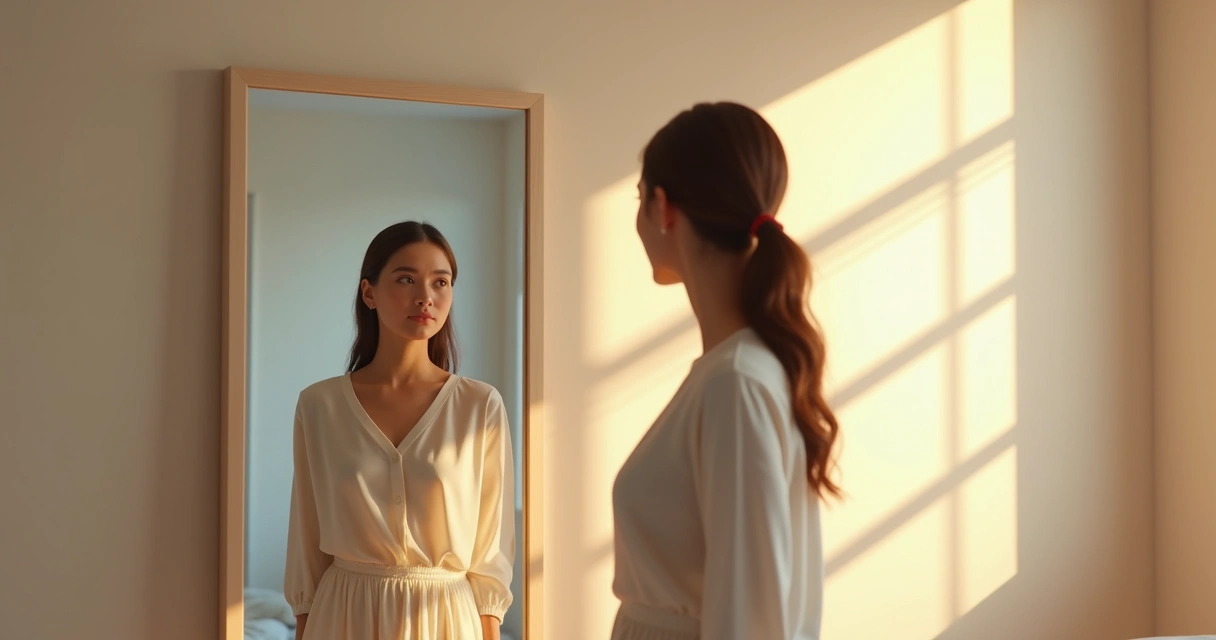 Pessoa sozinha olhando para o próprio reflexo em um espelho 