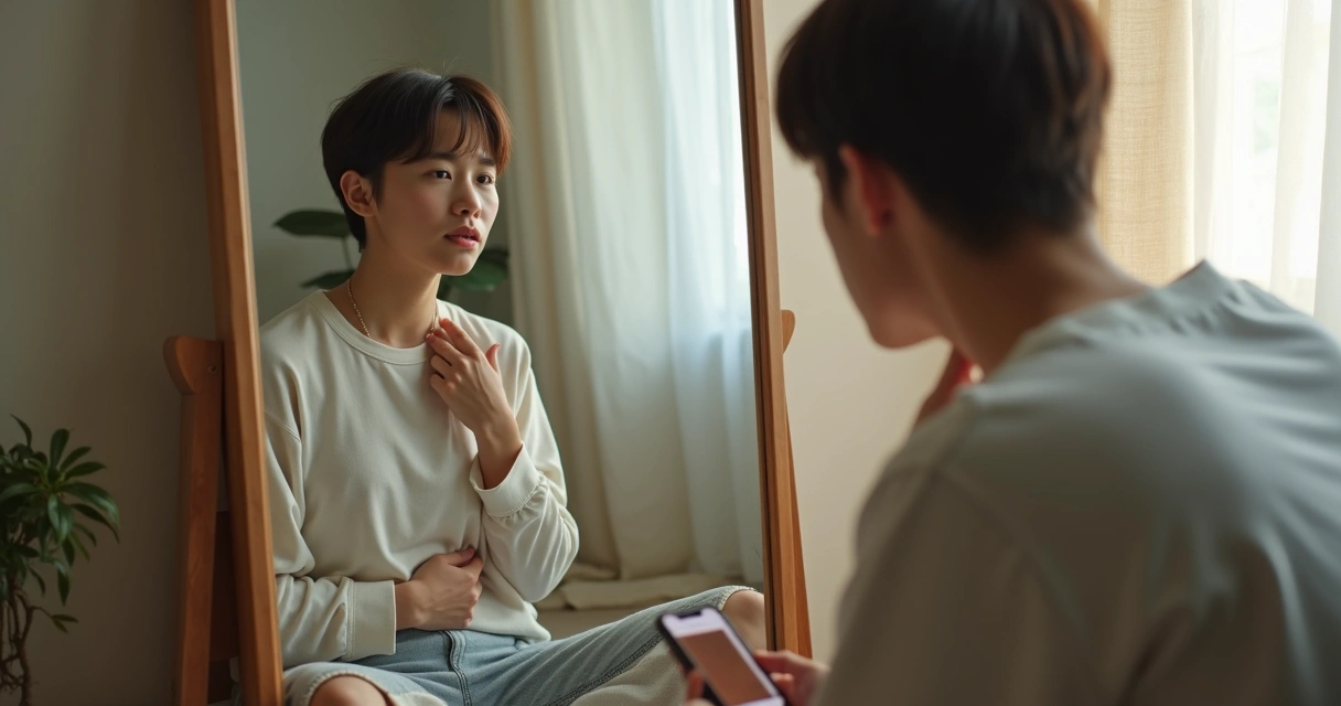 Pessoa refletindo diante do espelho com contraste entre calma interior e foco excessivo em si mesma 