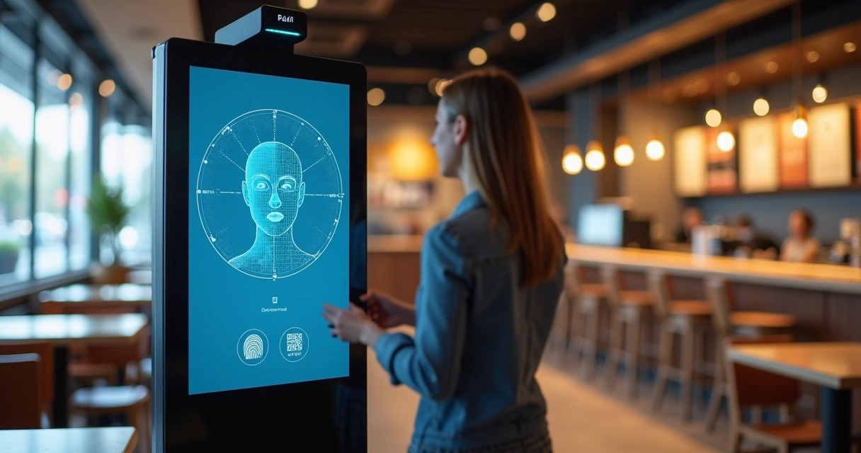 Totem de autoatendimento usando biometria e reconhecimento facial em restaurante moderno 