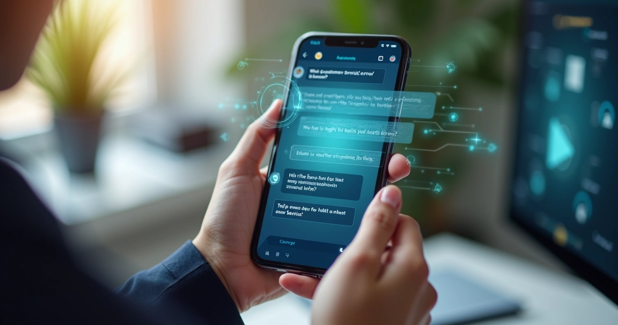 Pessoa usando autoatendimento digital em celular com assistente virtual 